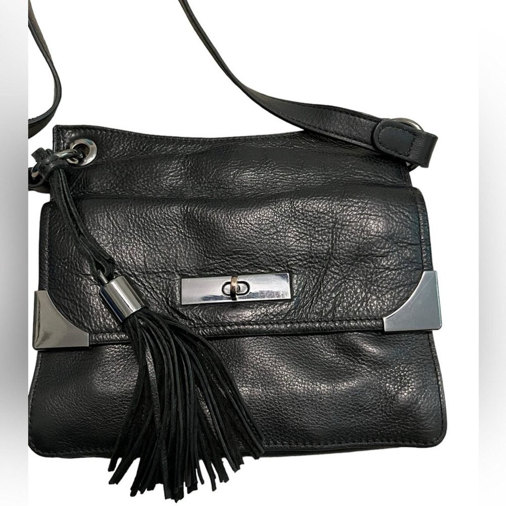 Rachel Roy Leather Shoulder Bag‎ Black Tassel Adjustable Strap Small Purse